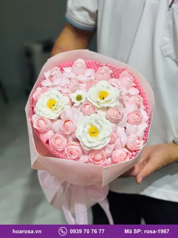 Bó hoa sáp nụ hồng trà trắng rosa-1967
