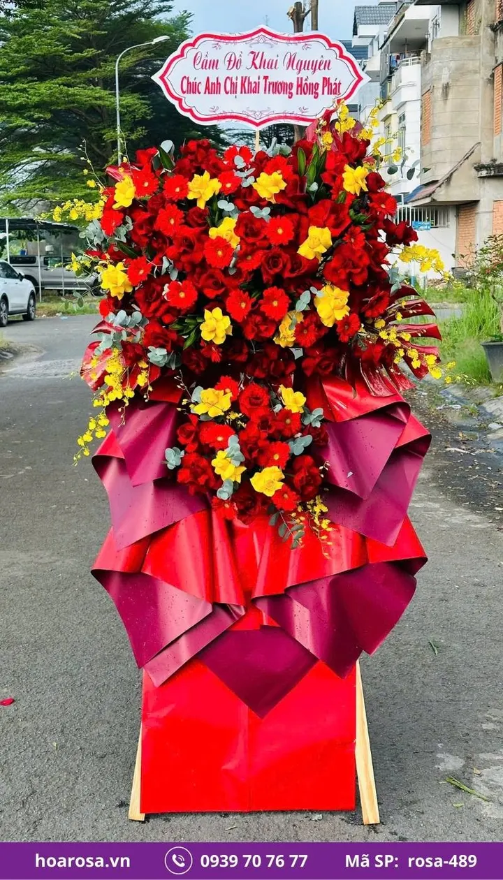 Kệ hoa khai trương 2 tầng tông đỏ vàng rosa-489