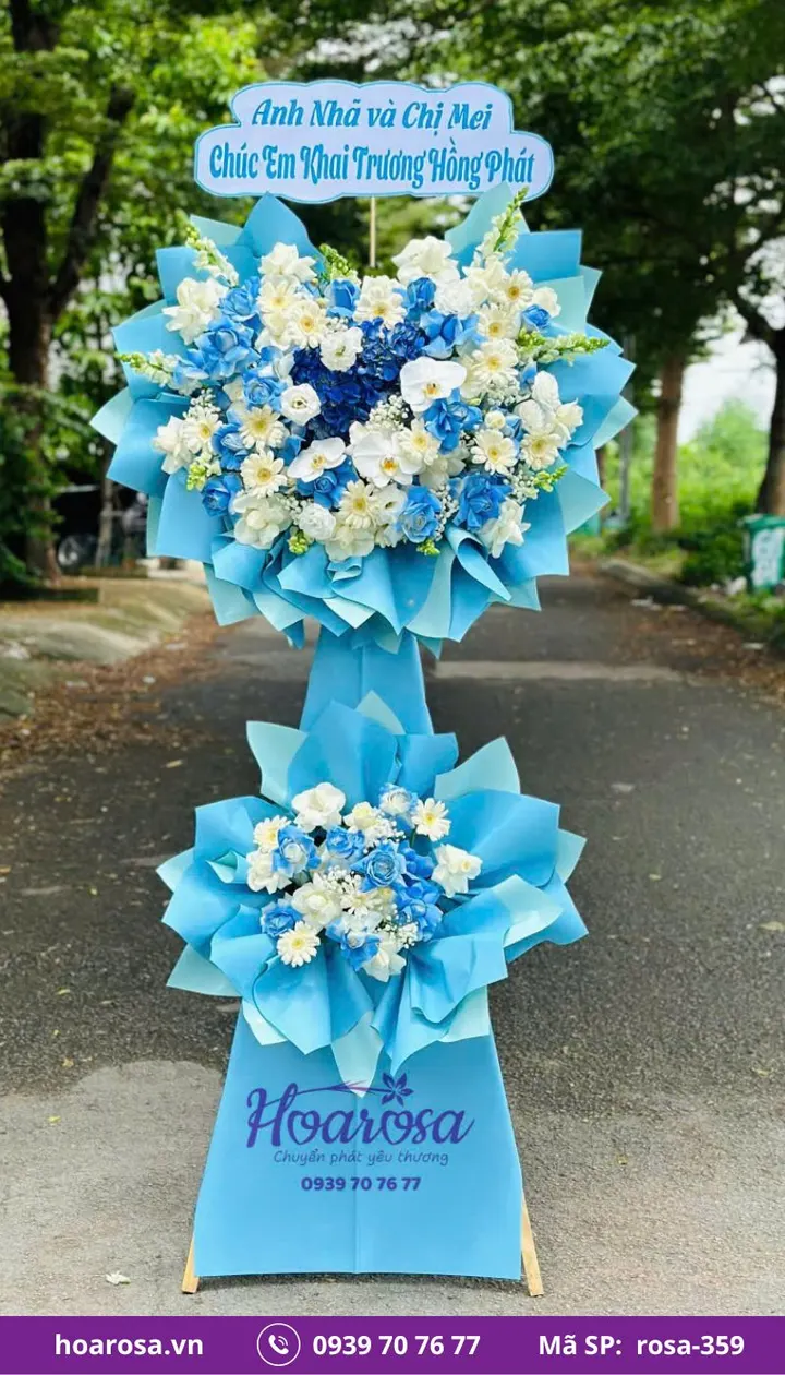 Kệ hoa khai trương 2 tầng tông xanh dương trắng rosa-359