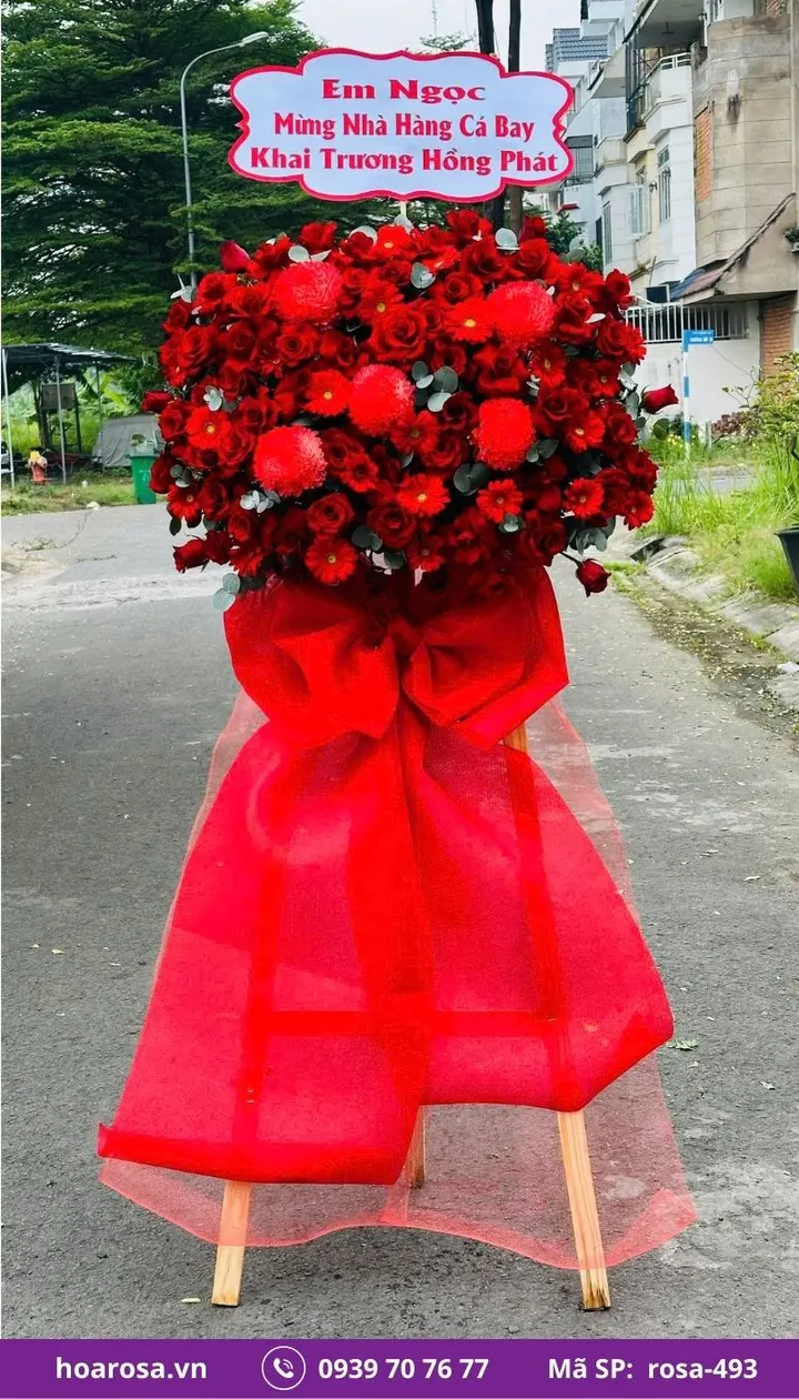 Kệ hoa khai trương 1 tầng chân gỗ tông đỏ rosa-493