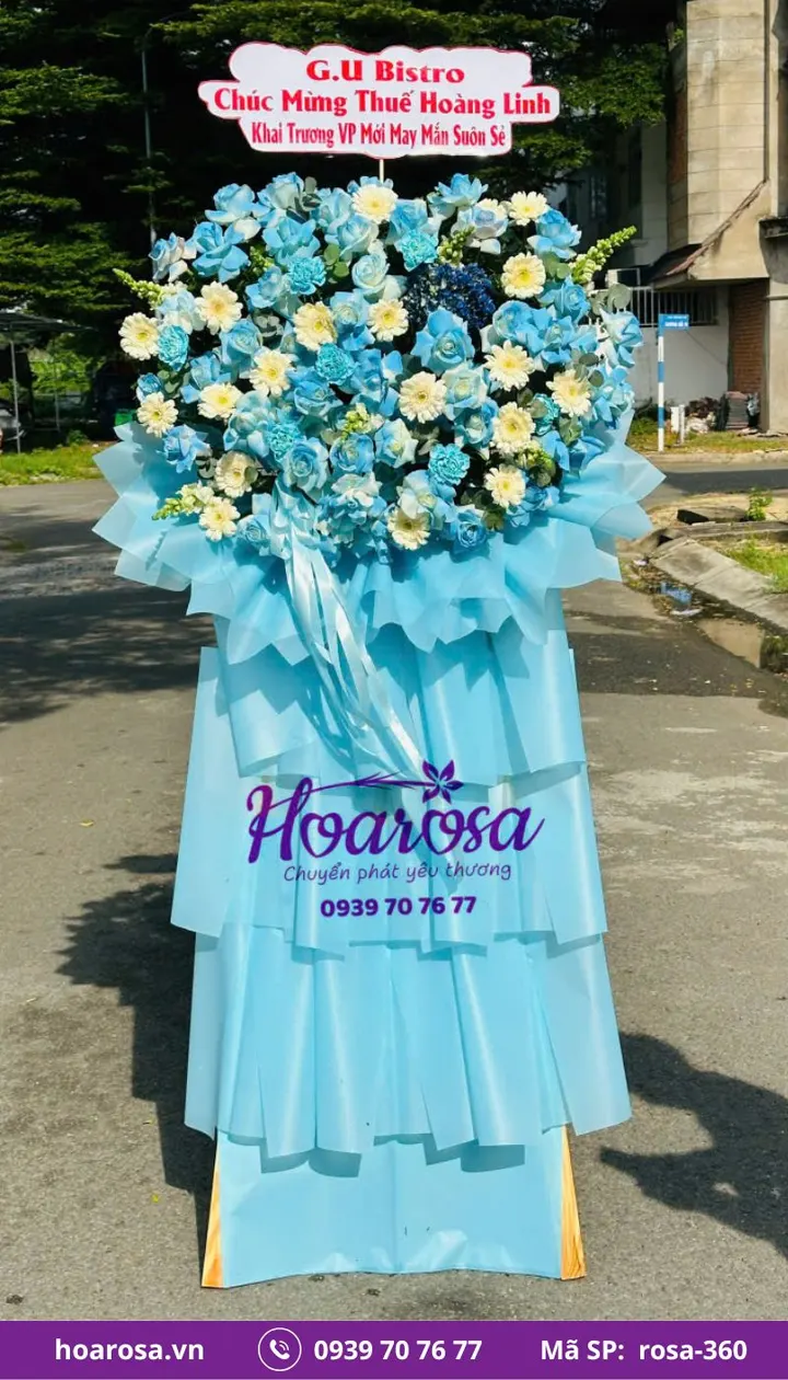 Kệ hoa khai trương 1 tầng tông xanh dương trắng rosa-360