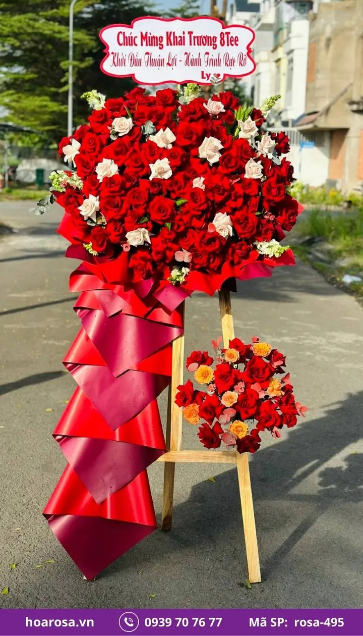 Kệ hoa khai trương 2 tầng chân gỗ tông đỏ rosa-495
