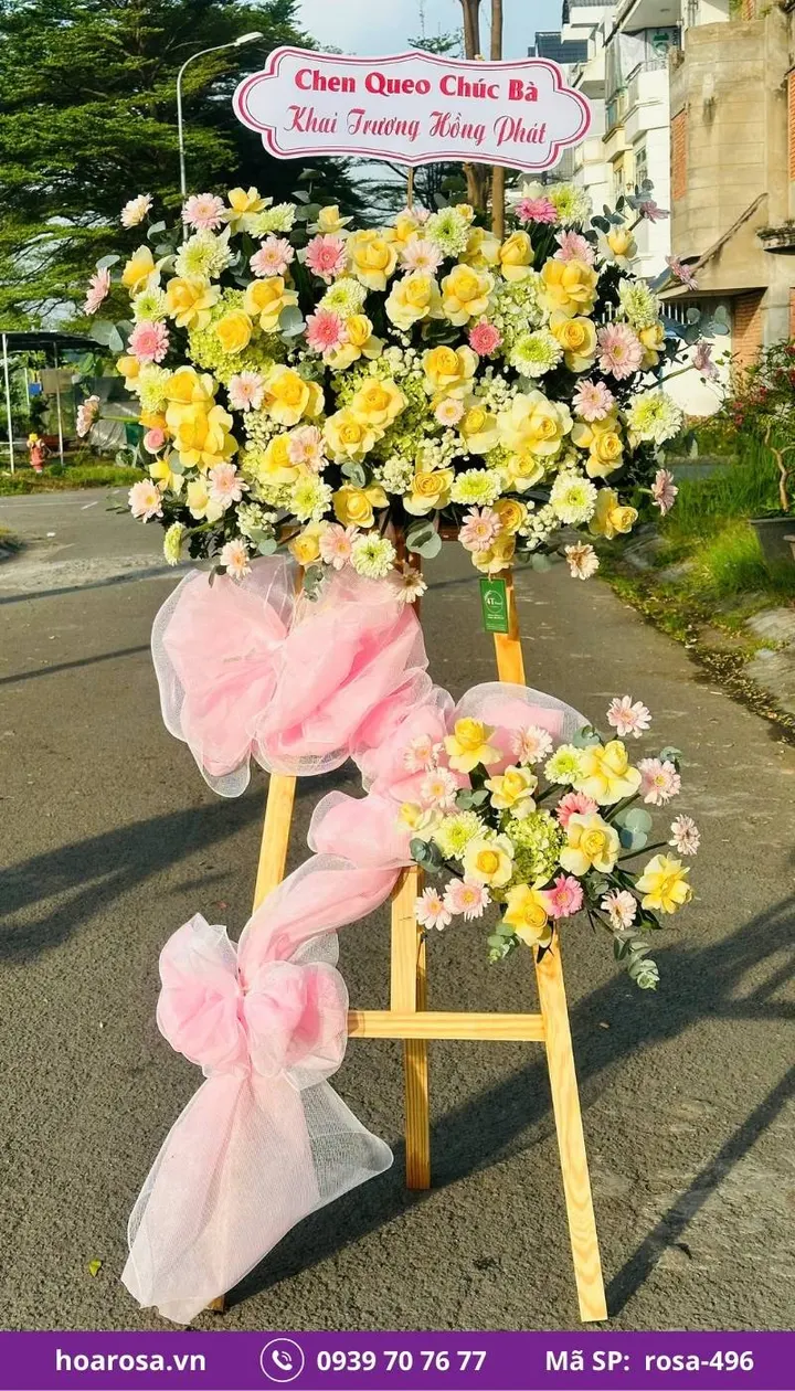 Kệ hoa khai trương 2 tầng chân gỗ tông hồng vàng rosa-496