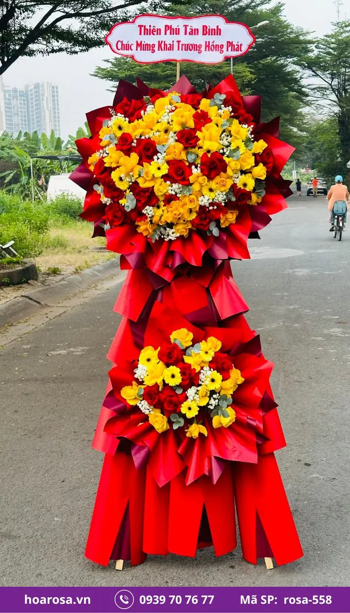 Kệ hoa khai trương 2 tầng tông đỏ vàng rosa-558