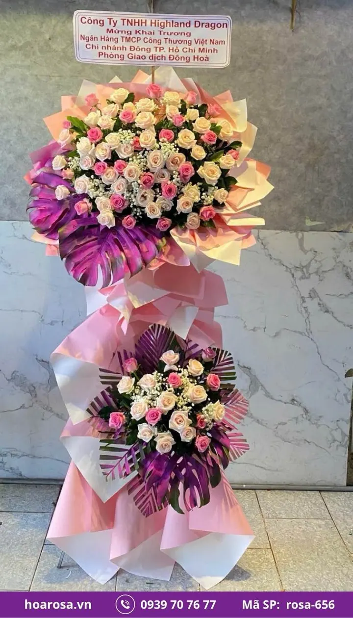 Kệ hoa khai trương 2 tầng tông hồng trắng rosa-656