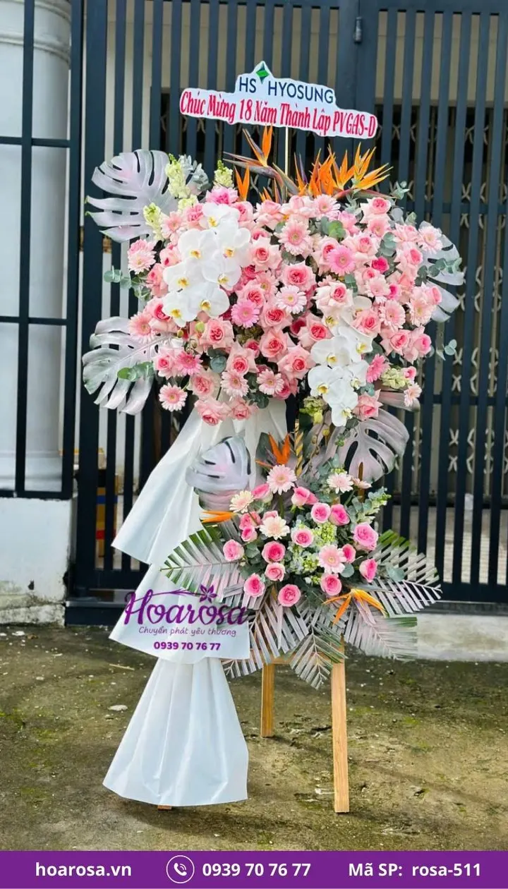 Kệ hoa khai trương 2 tầng chân gỗ tông hồng trắng rosa-511