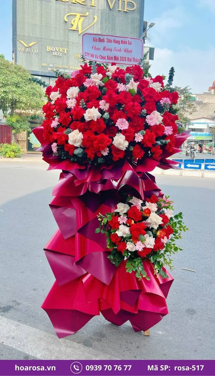 Kệ hoa khai trương 2 tầng tông đỏ rosa-517