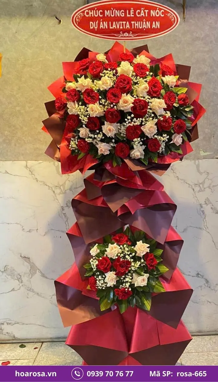 Kệ hoa khai trương 2 tầng tông đỏ trắng rosa-665