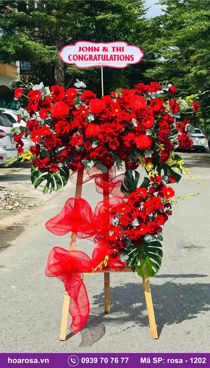 Kệ hoa khai trương 2 tầng chân gỗ tông đỏ rosa-1202