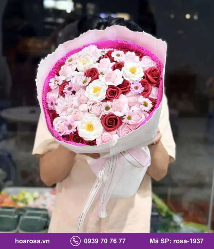 Bó hoa sáp đỏ hồng trắng viền hồng sen rosa-1937