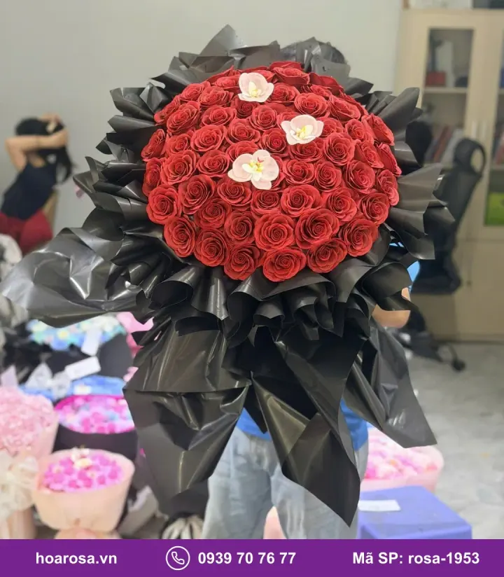 Bó hoa sáp hồng đỏ giấy đen lan trắng rosa-1953
