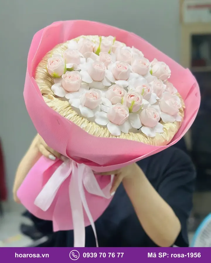Bó hoa sáp hồng trắng giấy hồng rosa-1956