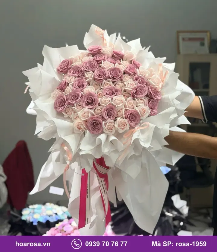 Bó hoa sáp hồng tím ruốc giấy trắng rosa-1959