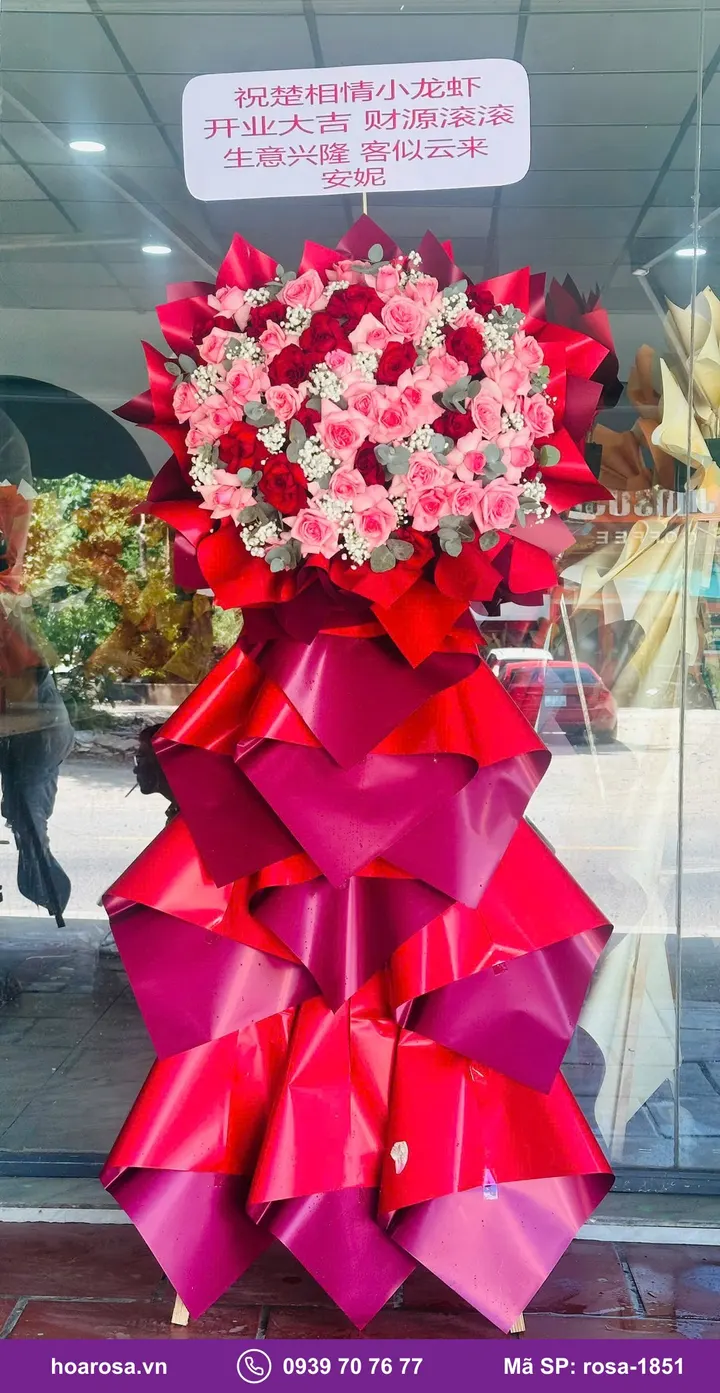 Kệ hoa khai trương 2 tầng tông đỏ rosa-1851