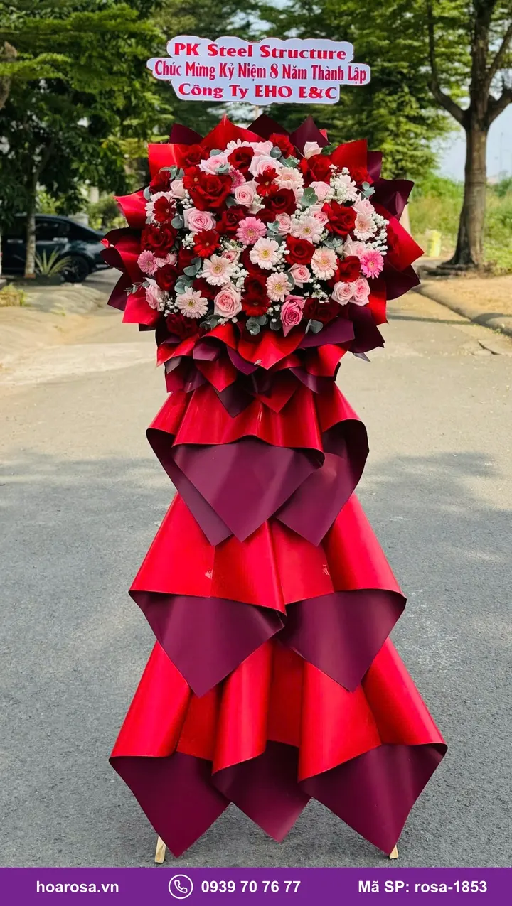 Kệ hoa khai trương 2 tầng tông đỏ rosa-1853