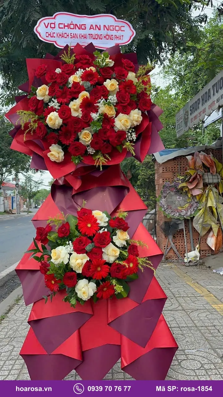 Kệ hoa khai trương 2 tầng tông đỏ rosa-1854